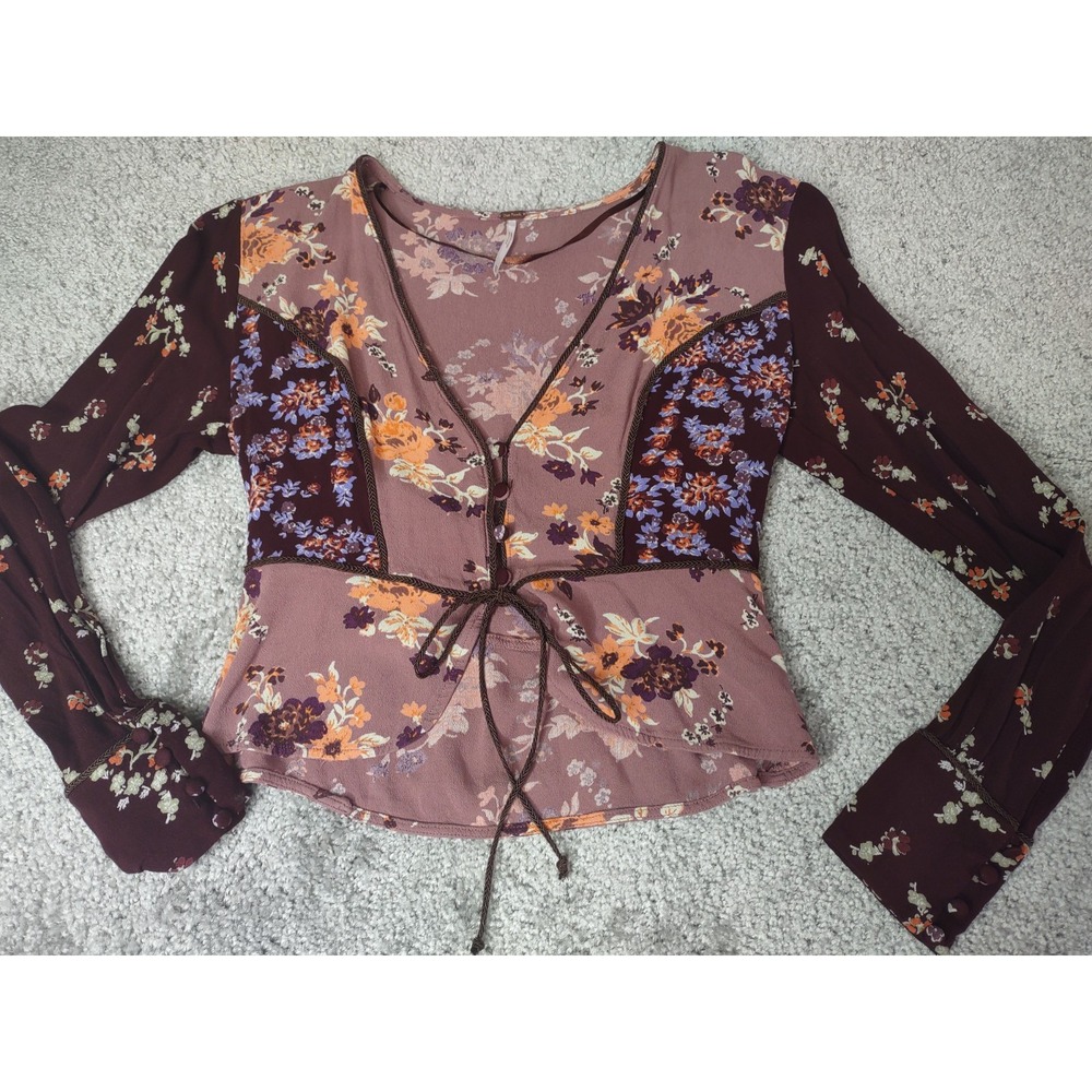 Free People Top‎ Womens Size XS Burgundy Plum Rayon Crop Floral Corset Top Fairy